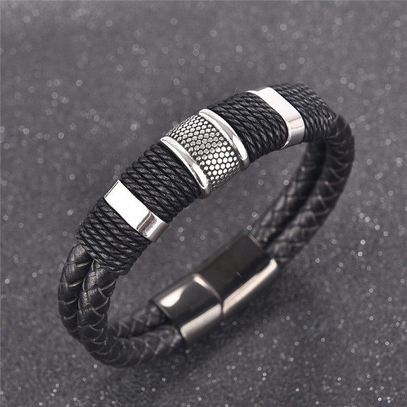 Silver Black Braid Leather Bracelet