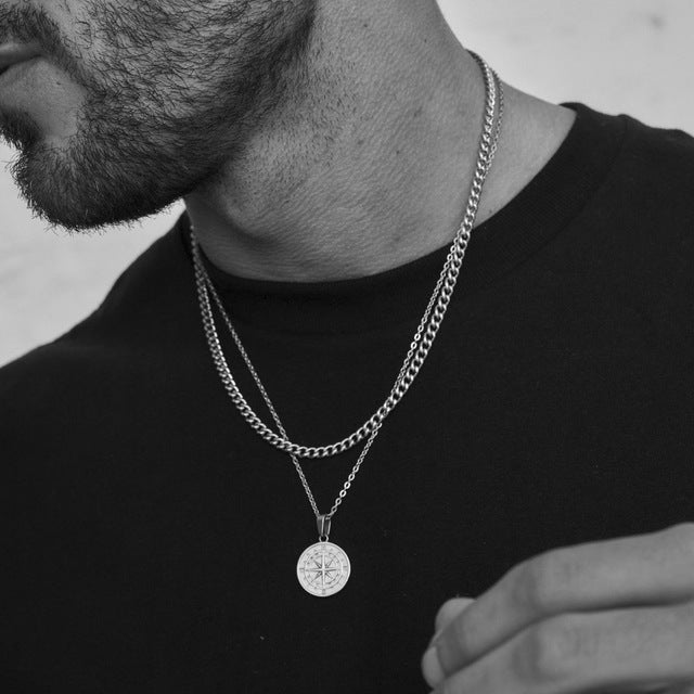 Men's Layered Nautical Travel Compass Pendant Necklace