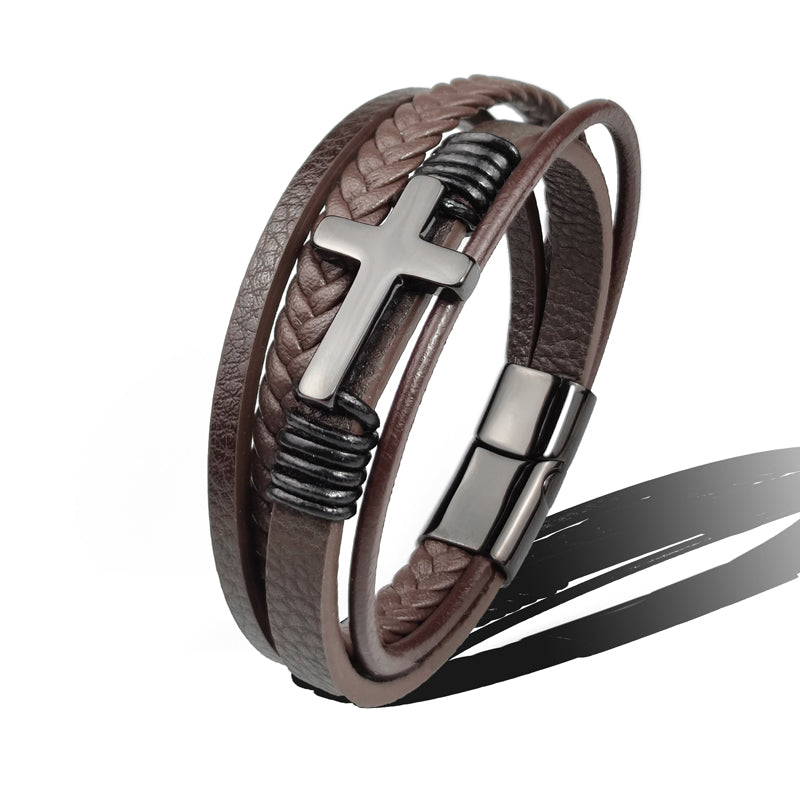 Stainless Steel Leather Cross Bracelet