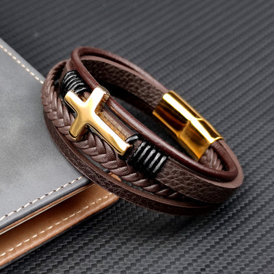 Stainless Steel Leather Cross Bracelet